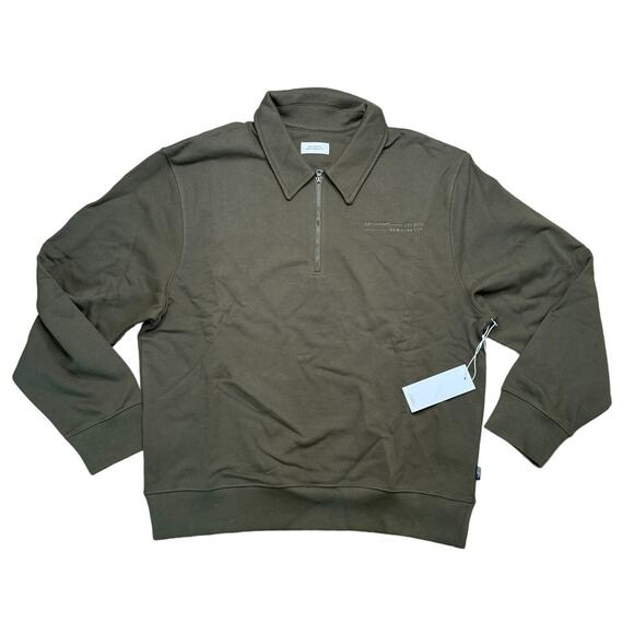 NWT Saturdays New York Men's Fundamental Quarter Zip Sweatshirt Army Green - Picture 7 of 16